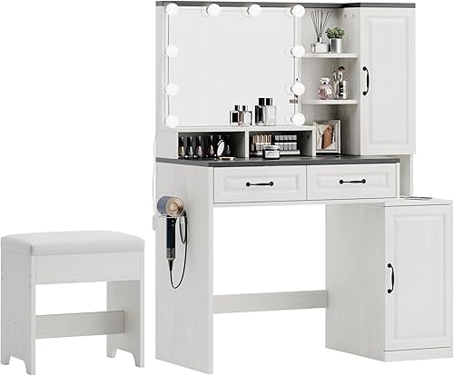 Miniatura 8 de Tocador de maquillaje de granja con estación de carga, escritorio con luces espejo y cajones, tocador de maquillaje con parte superior de cristal