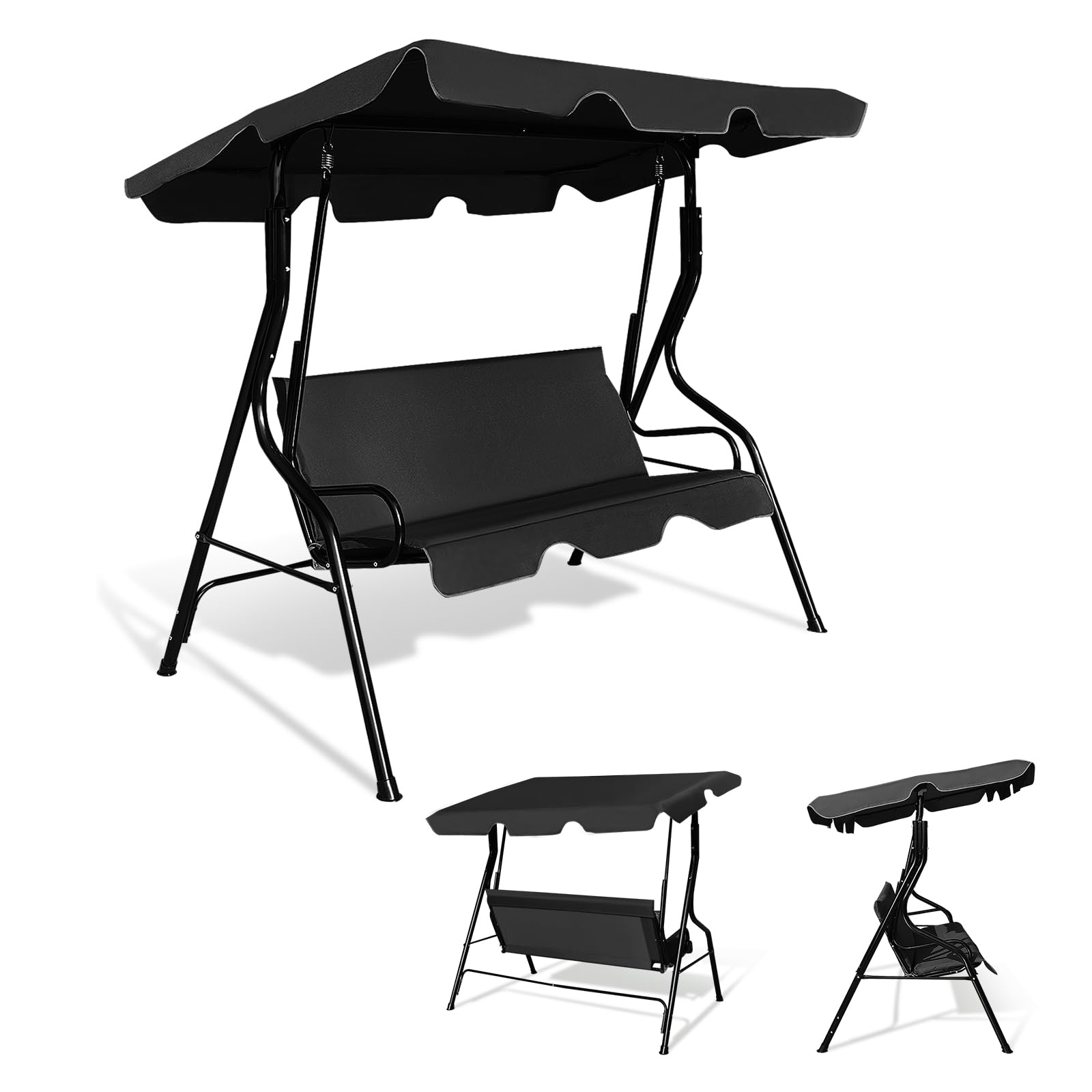 KOMFOTTEU Dondolo da Giardino 3 Posti, Dondolo da Esterno in Metallo con Tetto Parasole Regolabile e Schienale, Dondolo da Balcone, per Patio, Terrazzo, Balcone, 172 x 110 x 154 cm (Nero)