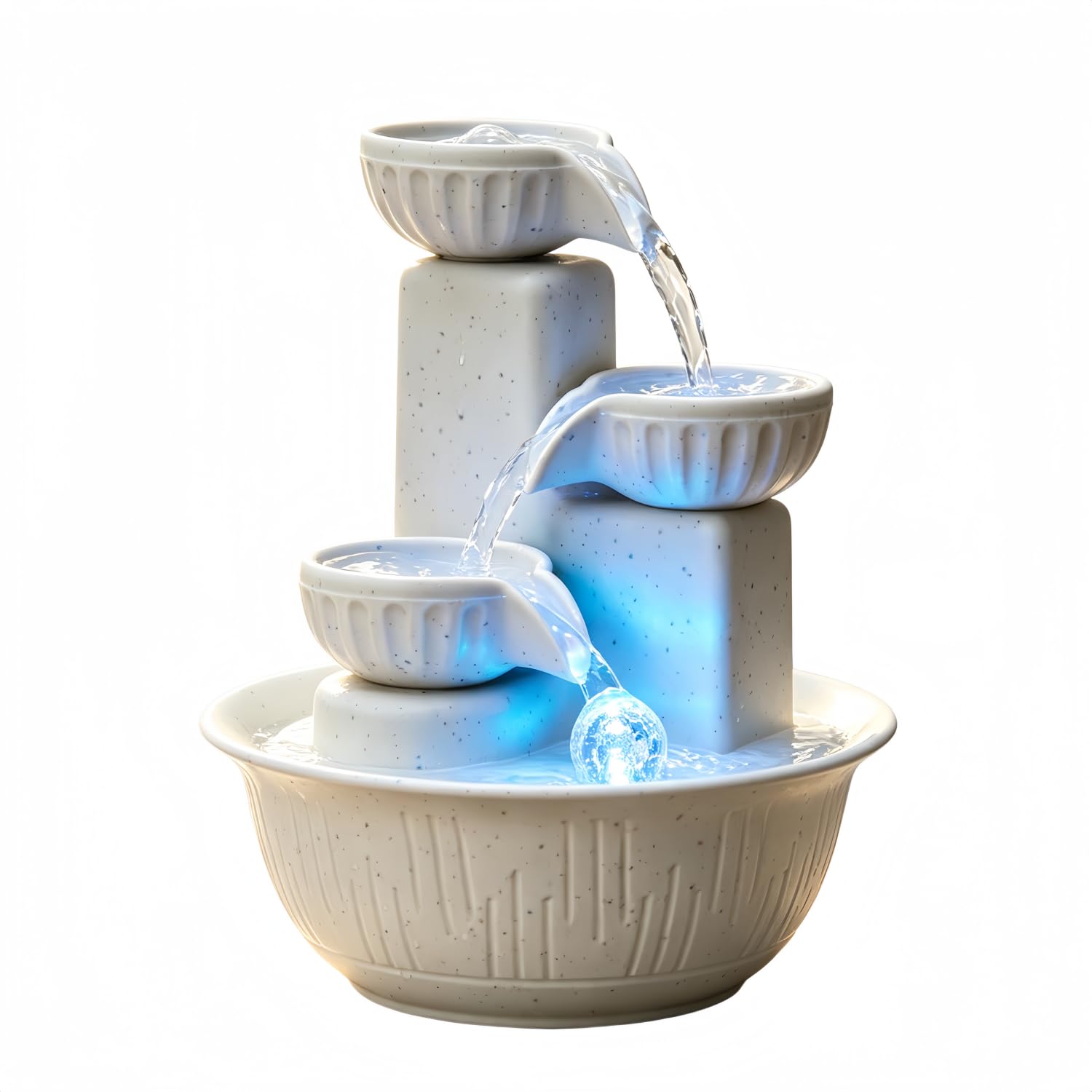 Tabletop Water Fountain for Indoor, 3-Tier Cascading Waterfall with Warm LED Light, Desktop Fountain for Home Office &amp; Bedroom, Compact Indoor Water Feature for Relaxation and Decor, Cream