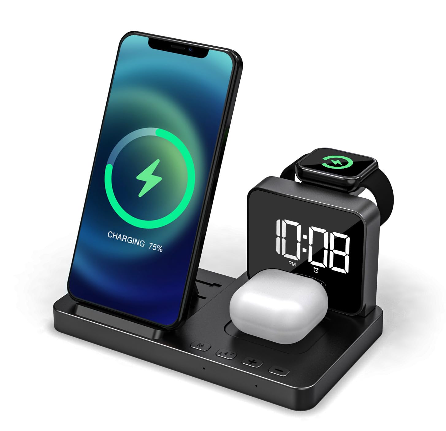Reflexion Caricabatterie wireless 4 in 1 con orologio e sveglia, stazione di ricarica wireless per smartphone, Apple Watch e cuffie, ricarica rapida da 15 W, doppia funzione sveglia, connessione USB-C