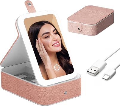 Travel Makeup Jewelry Case with LED Mirror, 3 Color LED Adjustable Brightness Storage Case for Eyelash station Makeup Brushes Cosmetic Tools Pink On-the-go Makeup Needs Pink, Small