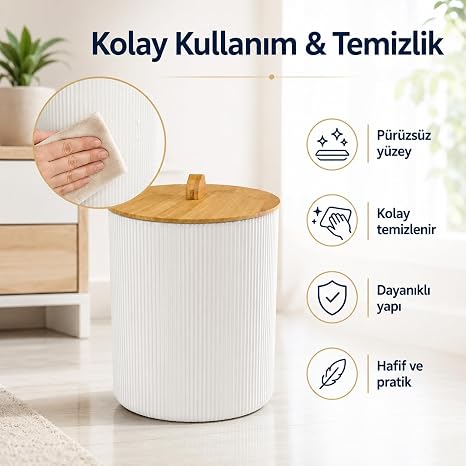 Gaga Bambu Kapaklı Çöp Kovası 7 Litre - 20 x 23 cm Kompakt Banyo Çöp Kutusu - Mutfak Ofis ve Tuvalet İçin Modern Şık Tasarım - Kolay Temizlenen Beyaz Plastik Gövde - Yer Kaplamayan Dekoratif Model