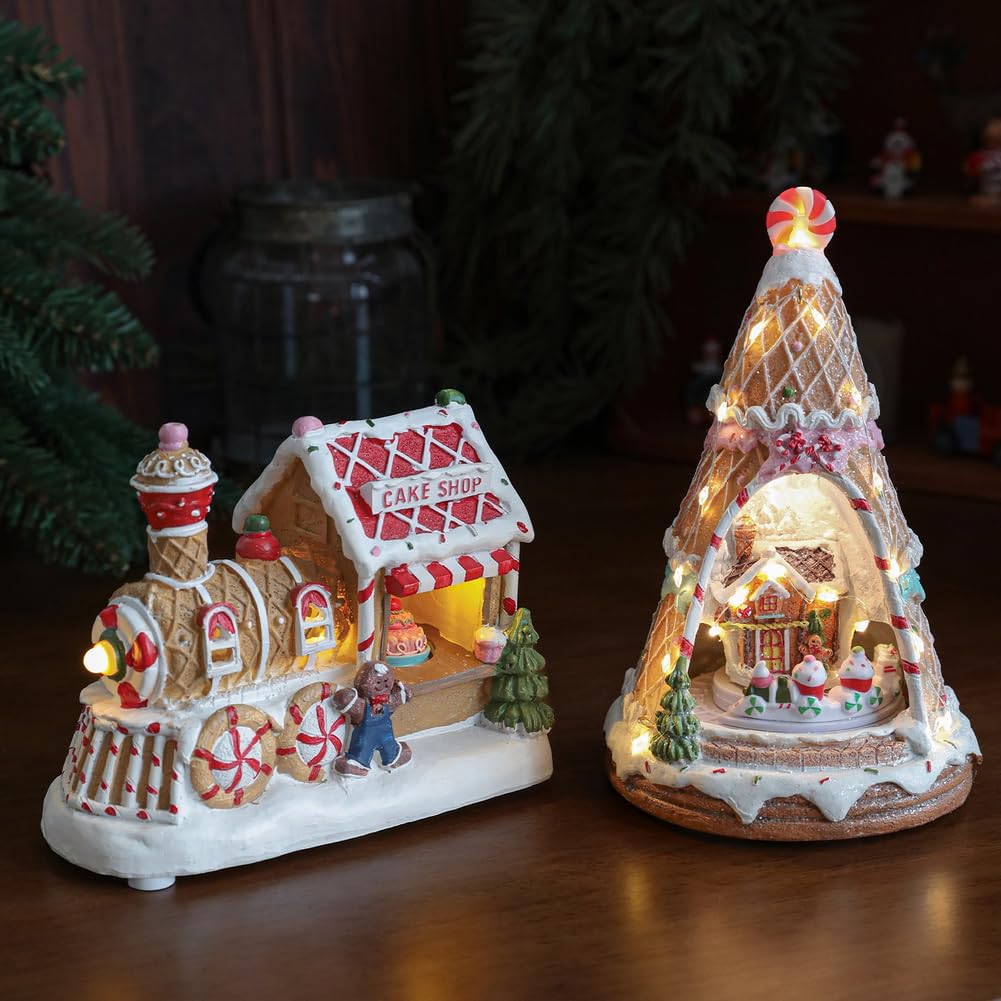 Casette di Natale in resina con scena di neve, villaggio di neve rotante con musica e luce LED per Natale e feste in casa (B)