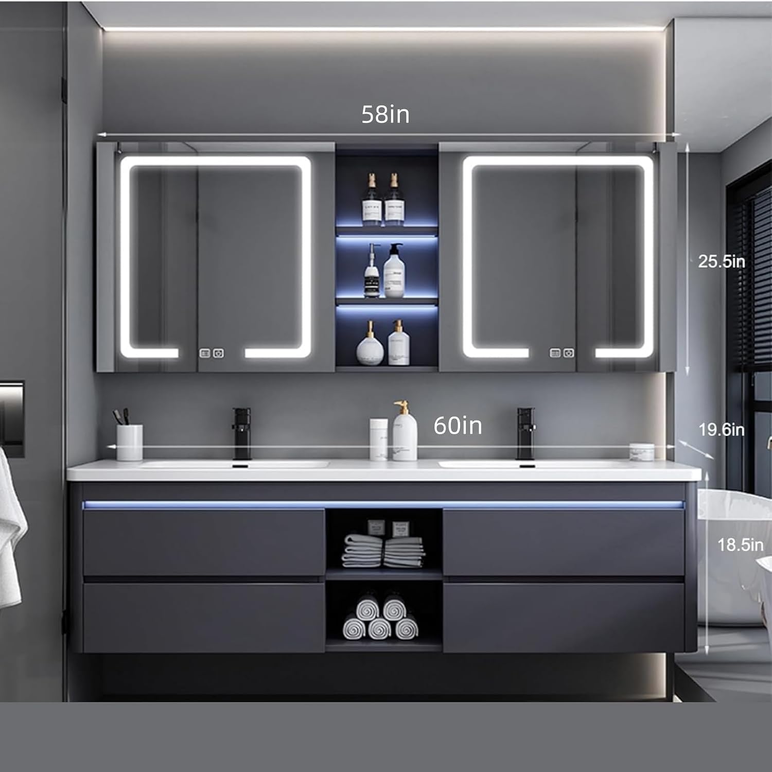 Floating Bathroom Vanity - 60IN Modern Bathroom Vanity, Double Sink, Square Sinks | One-Touch Defogging & LED Bathroom Mirror with Lights, 4 Drawers