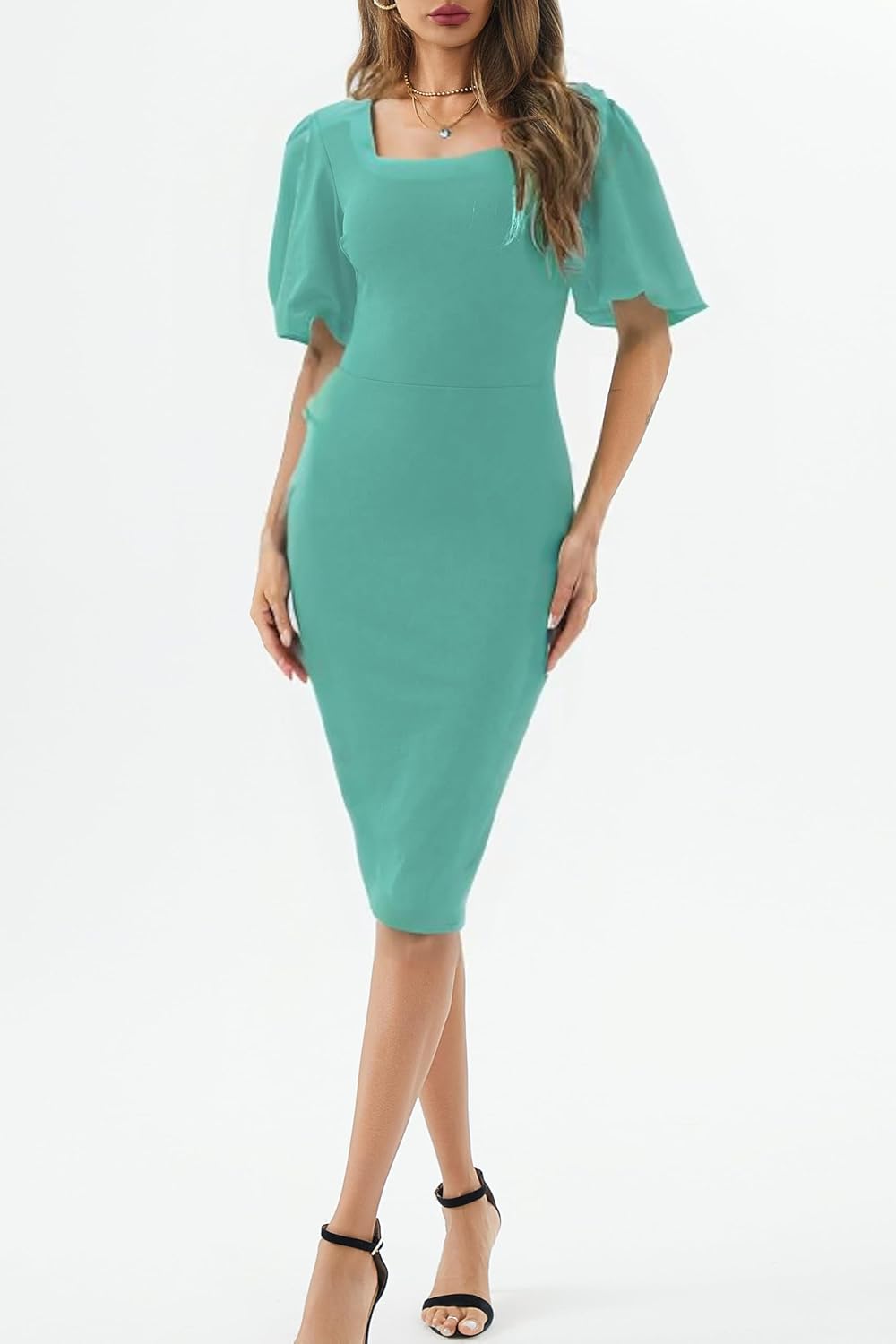 Womens Work Dresses Square Neck Lantern Sleeve Bodycon Cocktail Midi Dress - Image 5