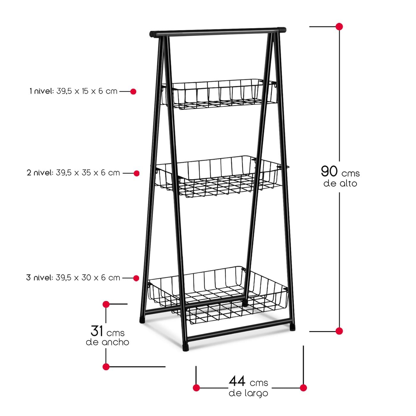 TIENDA EURASIA - Estantería Metálica Escalera, Color Negro, 44 x 31 x 90 cm, Almacenamiento de Cocina, Metalica, 3 Estantes extraibles, Estanteria para Cocina