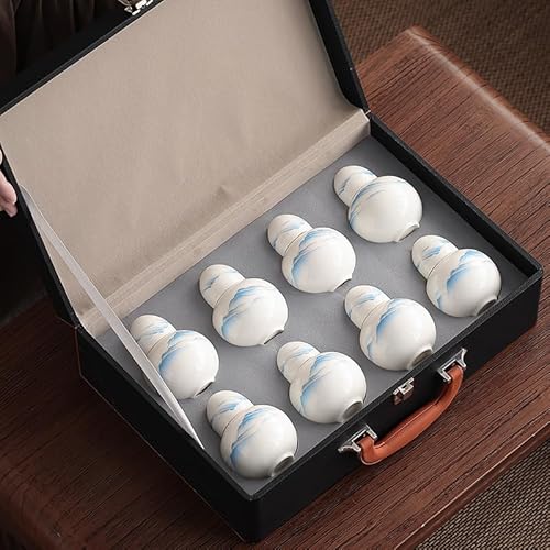 MsiDtsoy 羊脂玉風 磁器 酒器セット 16点 徳利8本+一口杯8個 高級ギフトケース付 山水・福禄デザイン 家飲み 宴会 来客 贈答用 日本酒/紹興酒対応 ひさご型小徳利 (C)