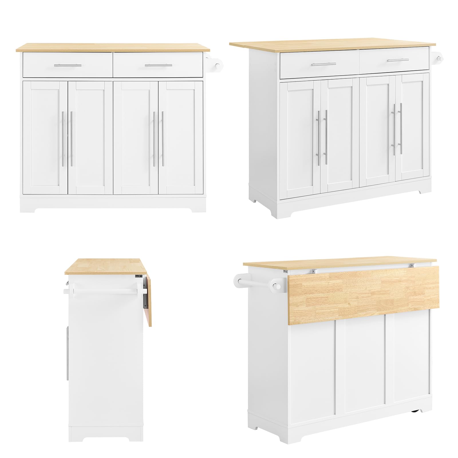 SoBuy Kücheninsel mit Rollen, Servierwagen mit ausziehbarer Arbeitsplatte – platzsparende, freistehende Kücheninsel mit Schubladen für kleine Küchen Weiß 113 x 91 x (44–69) cm FKW129-WN