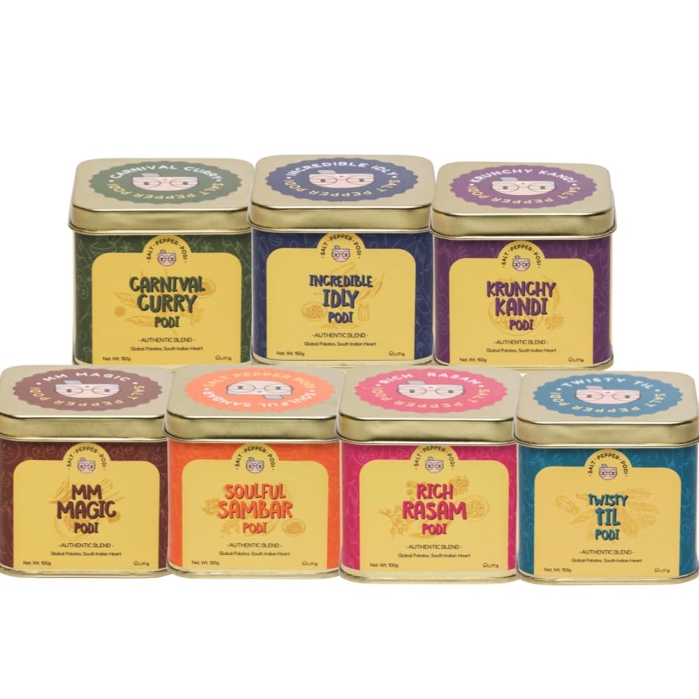 Salt Pepper Podi | Preparation Podi | Combo | Curry Carnival+Incredible Idly+Krunchy Kandi+ MM Magic+Rich Rasam+Soulful Sambar+Twisty Til Podi | 4 Box (5.29Oz/150Gm) Each & 3 Box (3.52Oz / 100Gm) Each