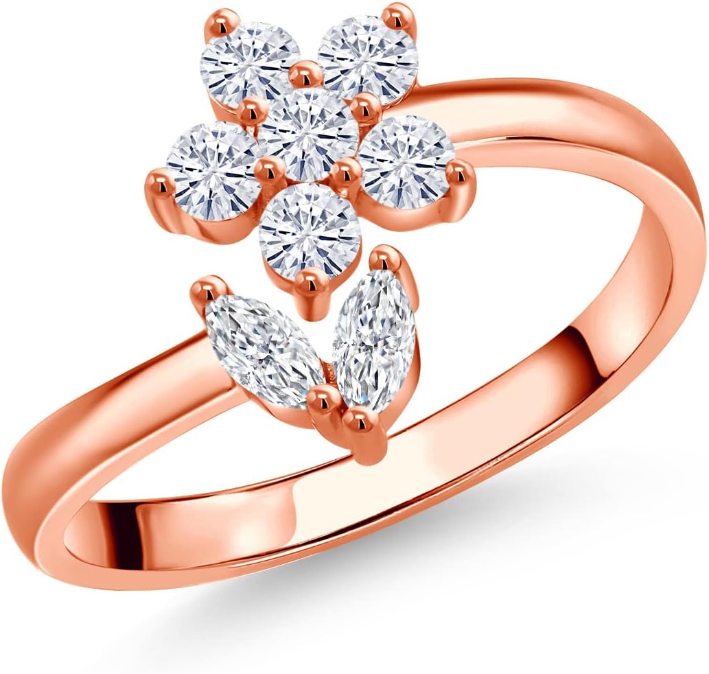 Gem Stone King 18K Rose Gold Plated Silver White Moissanite Flower Open Ring For Women | 0.53 Cttw | Gemstone Birthstone | Wedding Engagement Anniversary Promise Ring For Women