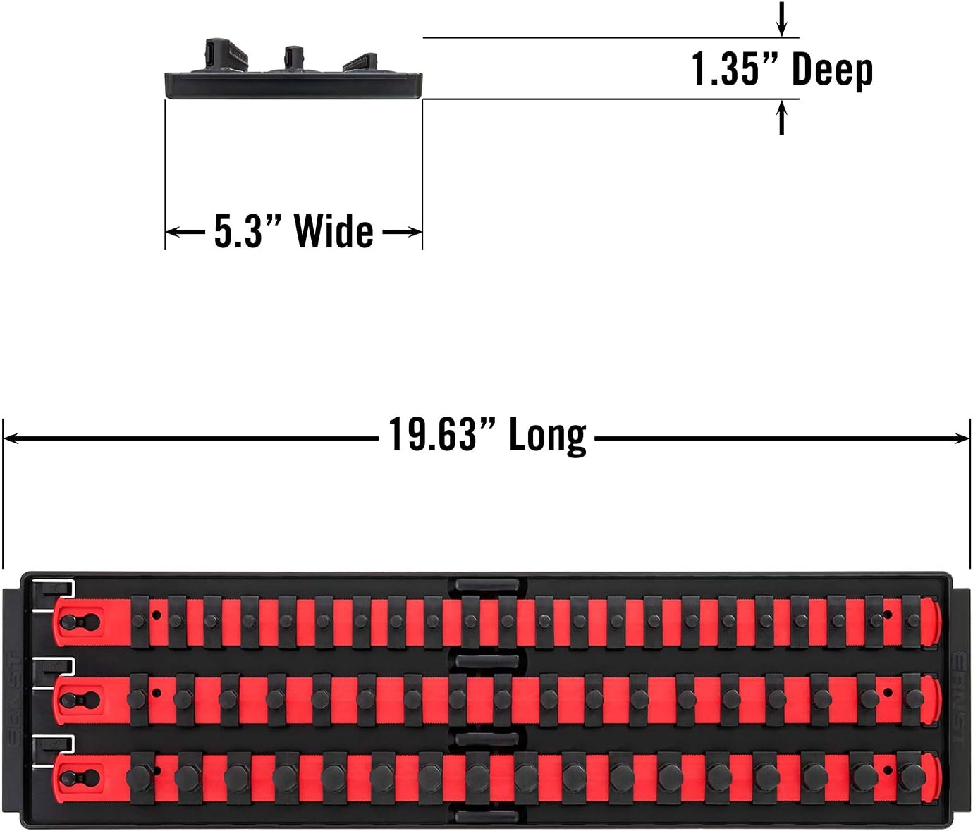 Ernst Manufacturing 18-Inch Socket Boss - Premium 3-Rail Multi-Drive (1/4", 3/8", 1/2") Socket Organizers w Twist Lock Clips, Socket Set Holder for 57 Tools - SAE & Metric - Red (8450) - Made in USA