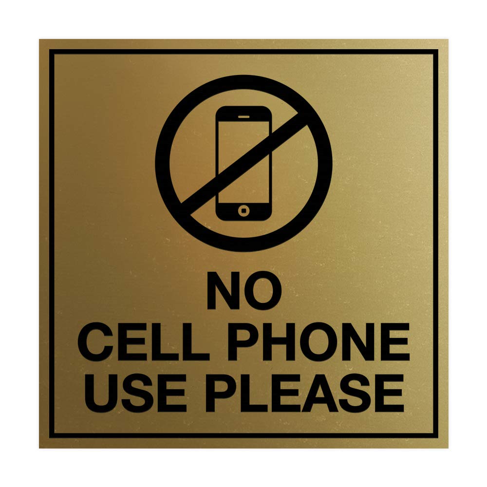Signs ByLITA Square No Cell Phone Use Please Sign with Adhesive Tape, Mounts On Any Surface, Indoor/Outdoor Use (Brushed Gold) - Large