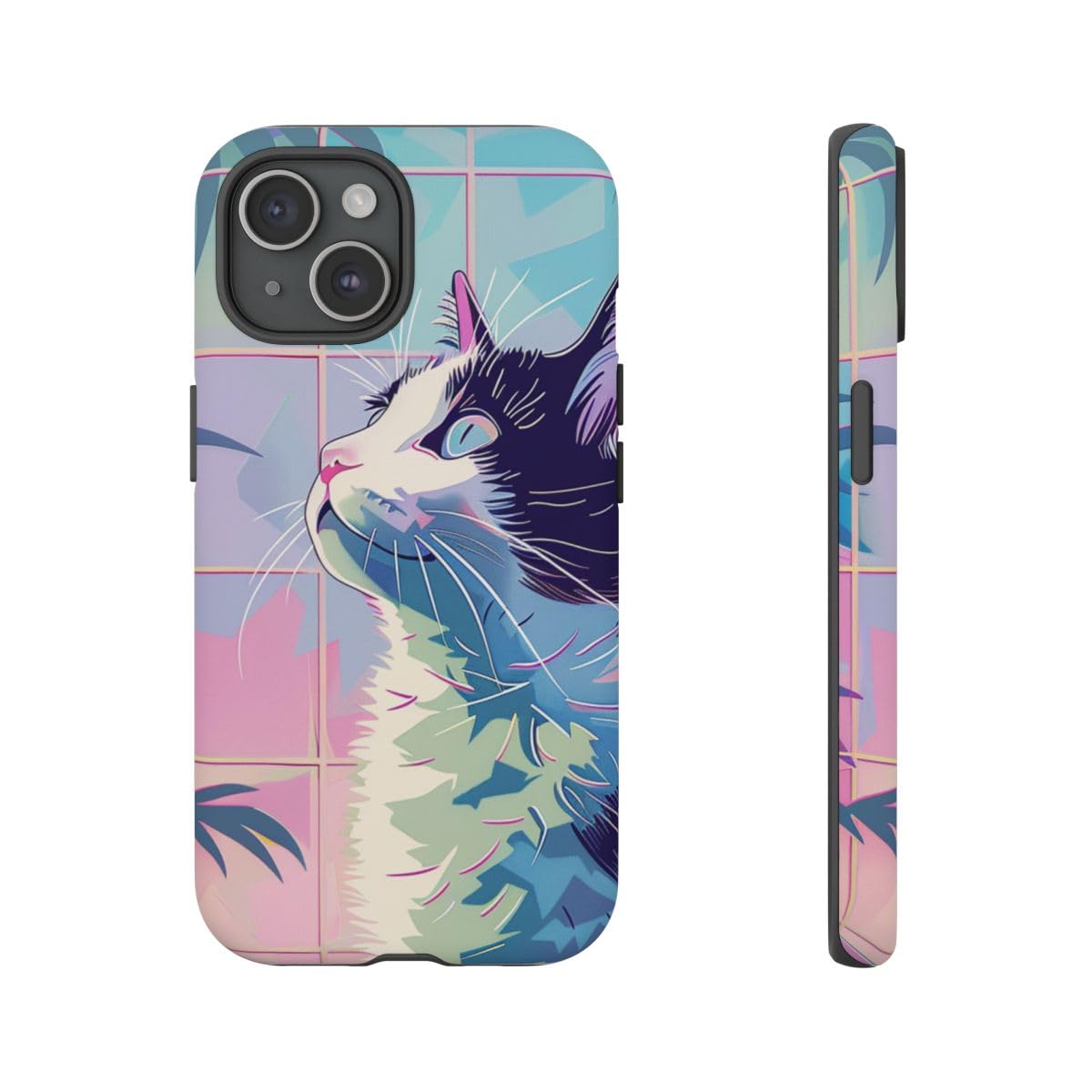 Coque iPhone 15 chat coloré feuilles tropicales protection rigide mate - 4