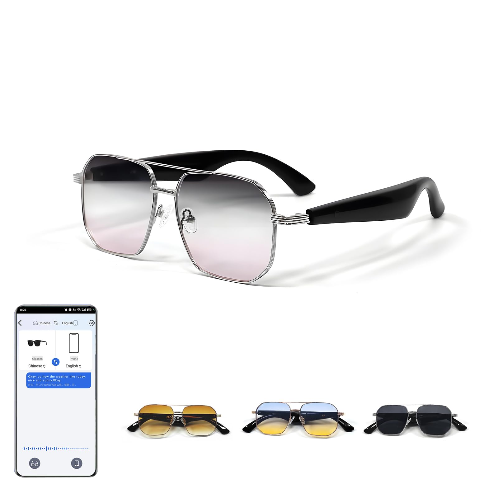 AI Translation Bluetooth Sunglasses Real-Time Language Translator Smart Sun Glasses for Men Women Wireless Bluetooth 5.4 Open Ear Hands-Free UV400 Sunglasses for Travel Cycling Fishing Driving Hiking-image-6