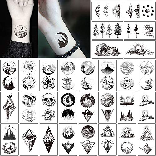 30 Sheets Black Mountain Space Temporary Tattoo, Hands Face Tattoo Sticker For Men Women, Forest Star Moon Designs Body Art On Arm Neck Shoulder Clavicle Waterproof #TOP1