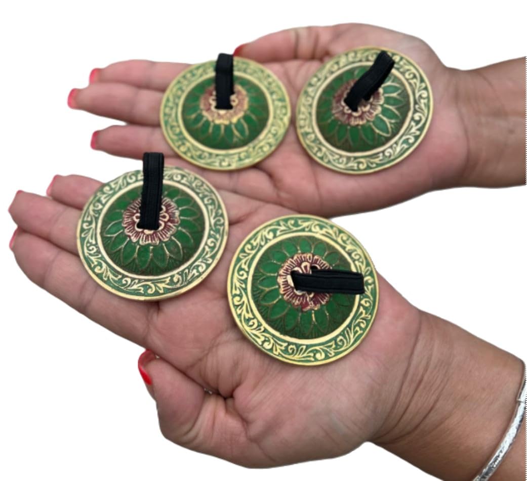 2 Pairs Brass Floral Finger Cymbals Zills for Belly Dancing (Green)