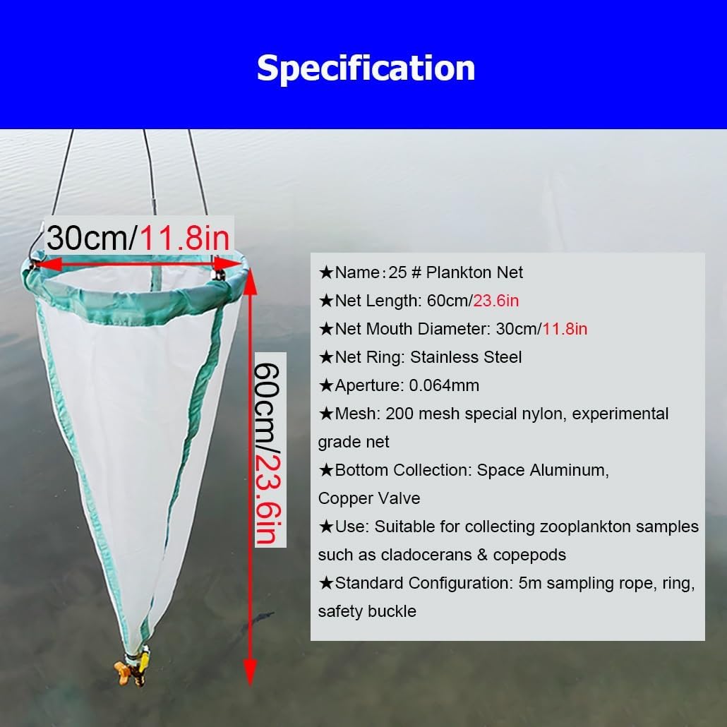 Professional Plankton Net for Phytoplankton & Protozoa Collection, 200 Mesh Nylon Sampling Tow Net for Aquatic Research & Water Testing