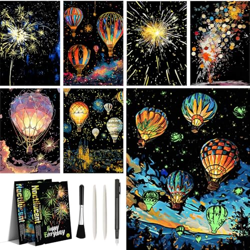 Glow in The Dark Scratch Art Rainbow Painting Paper 8 Sheet with Pen / Cleaning Brush, Engraving Landscape Scratchboard (A4) for Kids Teens & Adults, Fun Sketch Card Creative Craft Toy (Landscape)
