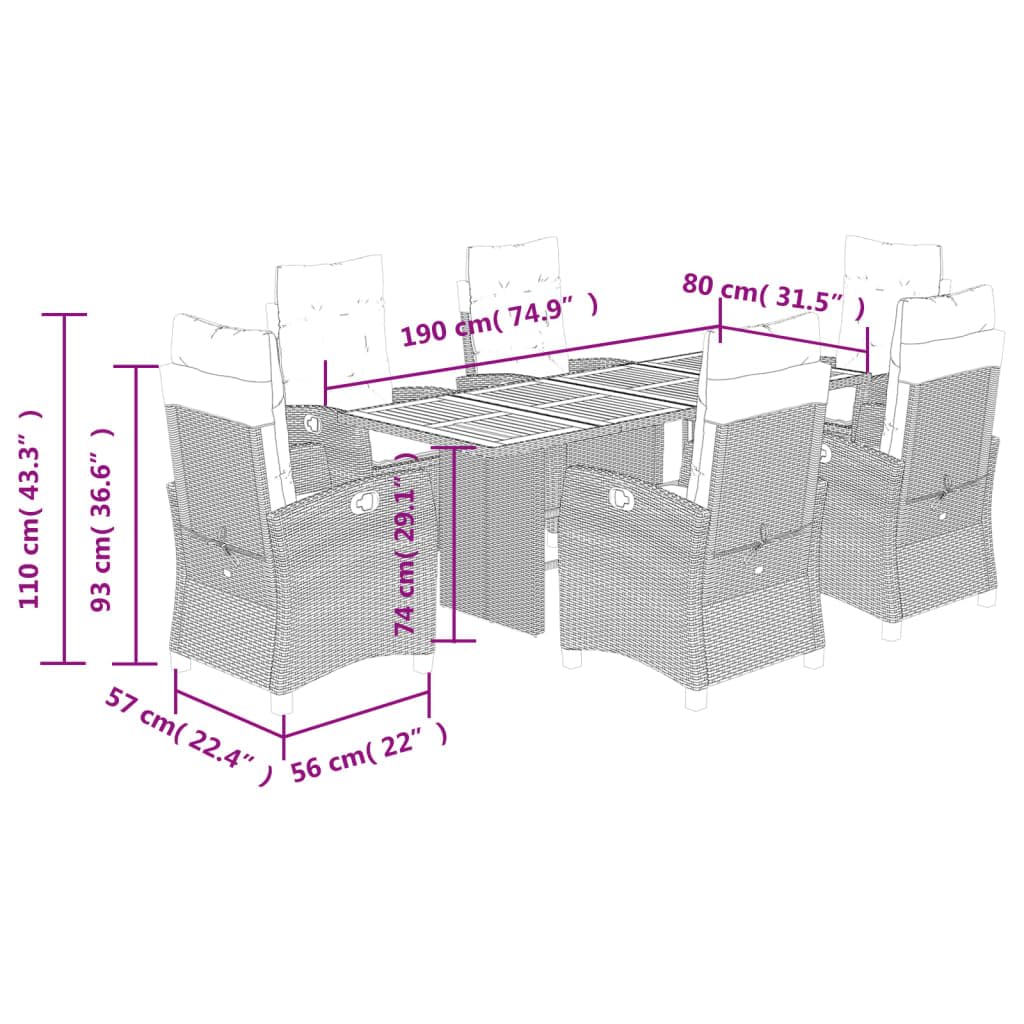 Set di 7 mobili da giardino in polyrattan nero con tavolo in legno di acacia, seduta regolabile, cuscino con rivestimento lavabile, per terrazza, balcone, giardino d'inverno, uso all'aperto