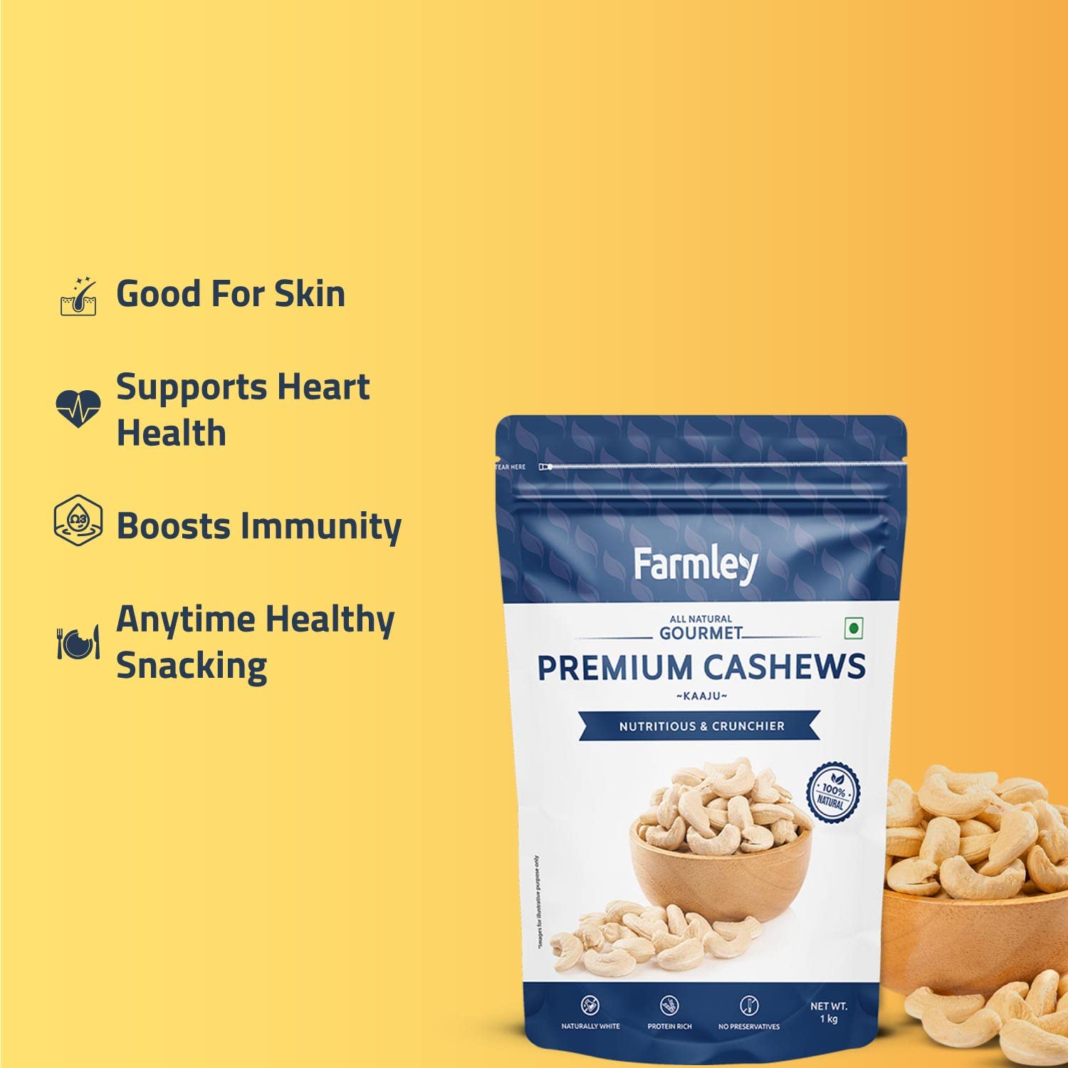 Farmley Natural & Premium W320 Lot de 1 kg de noix de cajou entières | Fruits secs Kaju | Riche en protéines, nutritives et croustillantes | Blanc naturel & sans conservateurs