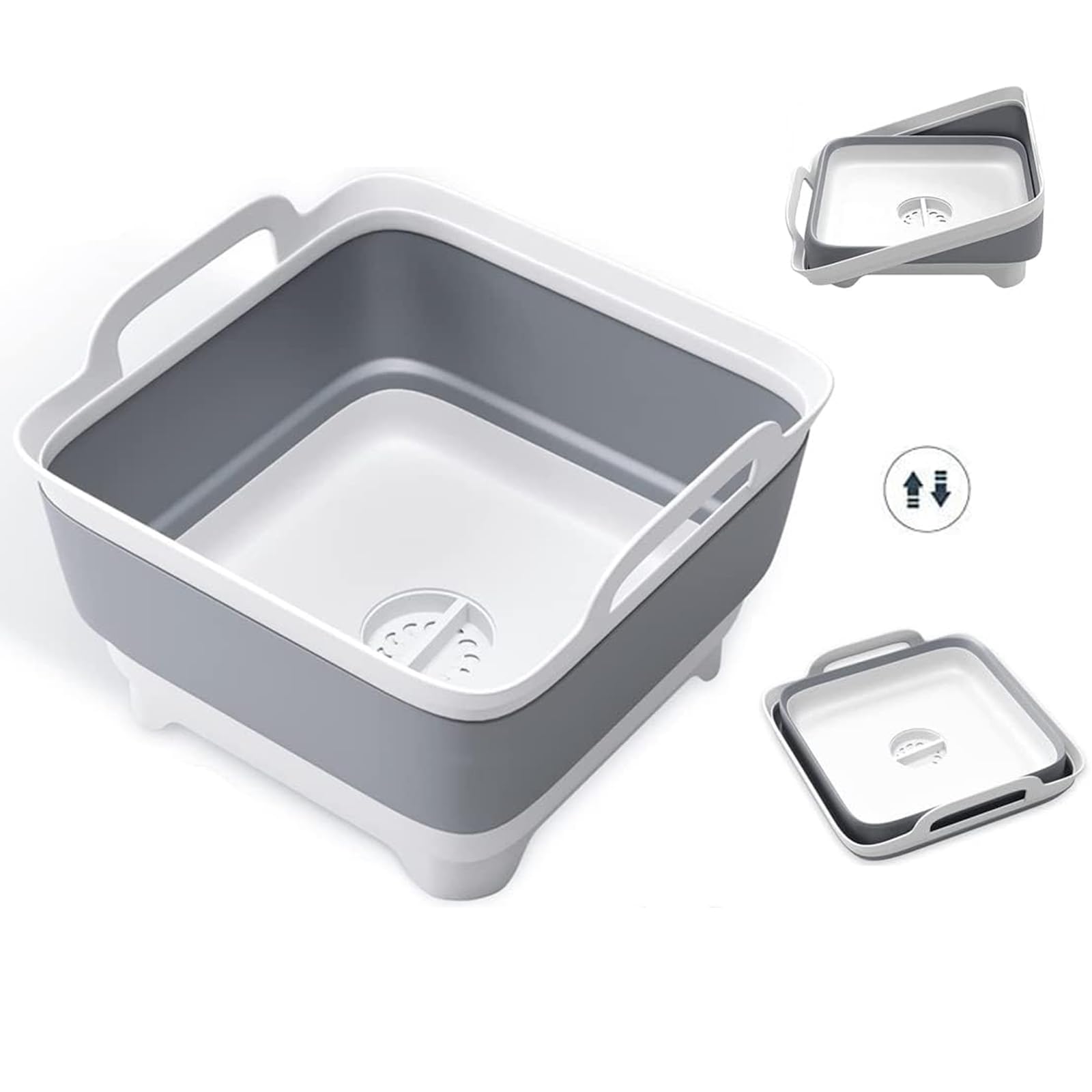 NBLE 9L Collapsible Dish Tub Portable Sink,with Draining Plug Strainers,Dishpan for Washing Dishes,Wash Basin,Foldable Laundry Tub,Dishpan for Kitchen Sink,Camping Dish Washing,Grey