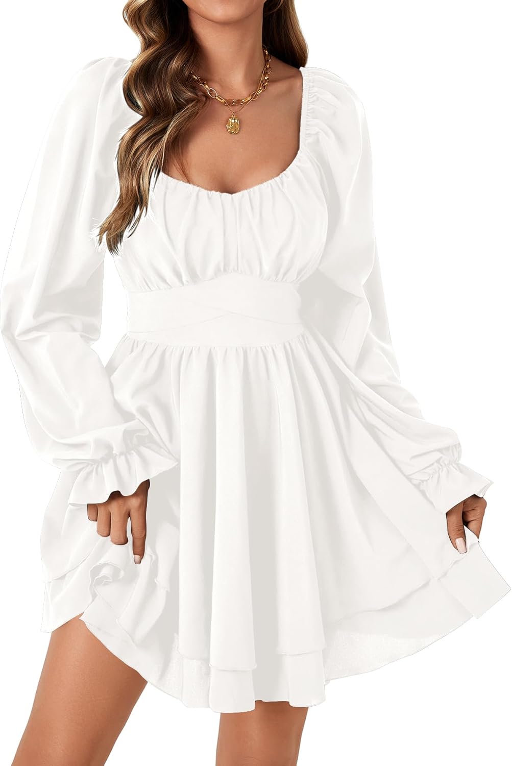 Rooscier Women's Lantern Flounce Long Sleeve Ruffle Layer Tie Mini Short Dress - Image 2