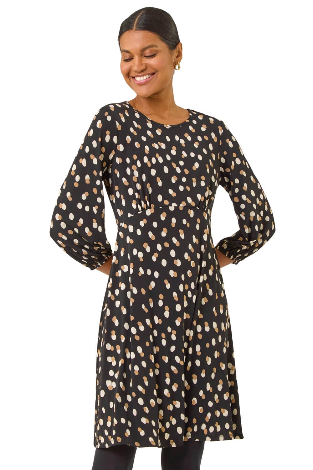 Roman Women Gathered Chest Dress Ladies Stretchy Fit & Flare Swing Tea A Line Skater Knee Length Long Sleeve Midi Smart Casual Work Going Out Cocktail Party - Beige Noir - Size 18