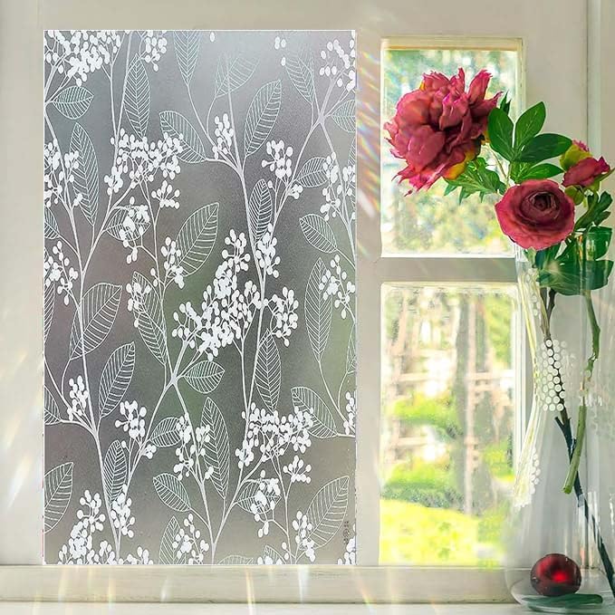 Image of Window Privacy Decorative Stained Glass Window Decal Tint Film, Adhesive Static Cling Sun Stickers, Door Window Covering For Home (24In' X 7Ft', Blue Cherry Leaf)