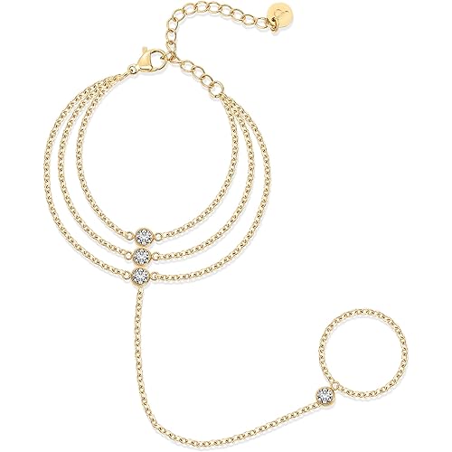 PAVOI Waterproof Layered Hand Chain Bracelet for Women - 14K Gold Plated Stainless Steel Loop Chain Dainty Gold Bracelets with Cubic Zirconia - Adjustable Trendy Summer Love Fashion Jewelry