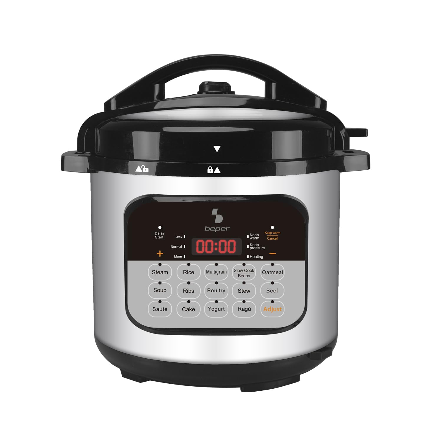 BEPER P101COS002 Schnellkochtopf 6 Liter, 15 Kochprogramme, Schongarer, 24-Stunden-Timer, 3 Druckstufen, Warmhaltefunktion, 10 Sicherheitssysteme, 1000 W