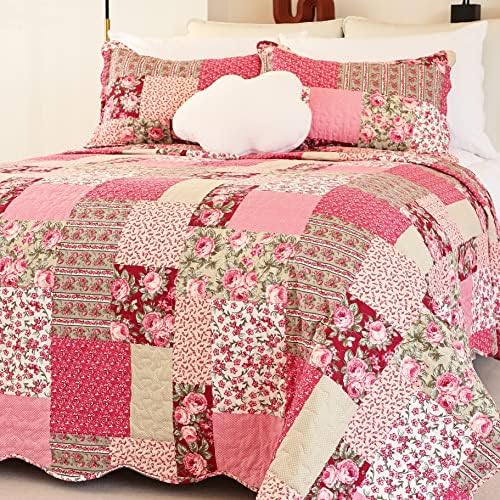 Cmfshape Summer Floral King Quilted Bedspread,Romantic Pink Quilt Set,Reversible Stitched Bedding Cover All Season,Soft Lightweight Coverlet with Pillow Cases (Hot Pink&Rose, King(102"x90"))