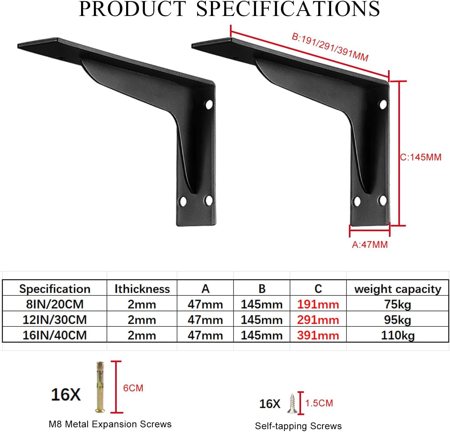 Soporte para Estantes de 4 Piezas – Escuadras de Soporte de Acero de 8/12/16 Pulgadas, Integrado de Ata Resistencia 90° para Montaje en Pared, Negro, Antioxido(4pcs-16IN/391MM)