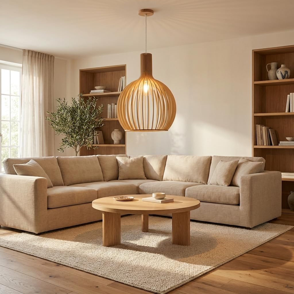 Alpinaluz Suspension de Plafond en Bois E27 D35 cm Abat-jour Sphérique