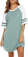 Ekouaer Women's Cotton Nightgown Short Sleeve Color Block Sleep Shirt Crew Neck Soft Breathable Nightie