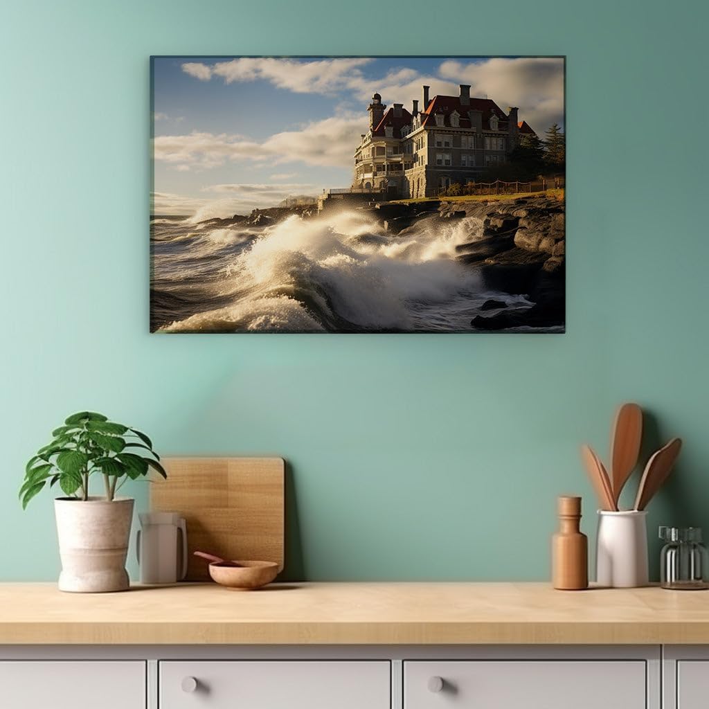 Canvas for Living room. Majestic Seaside Mansion Rising Above the Stormy Depths, 27 x 18 inch Canvas Wall Art - Ready to Hang - 69x46 cm (27x18 inch)