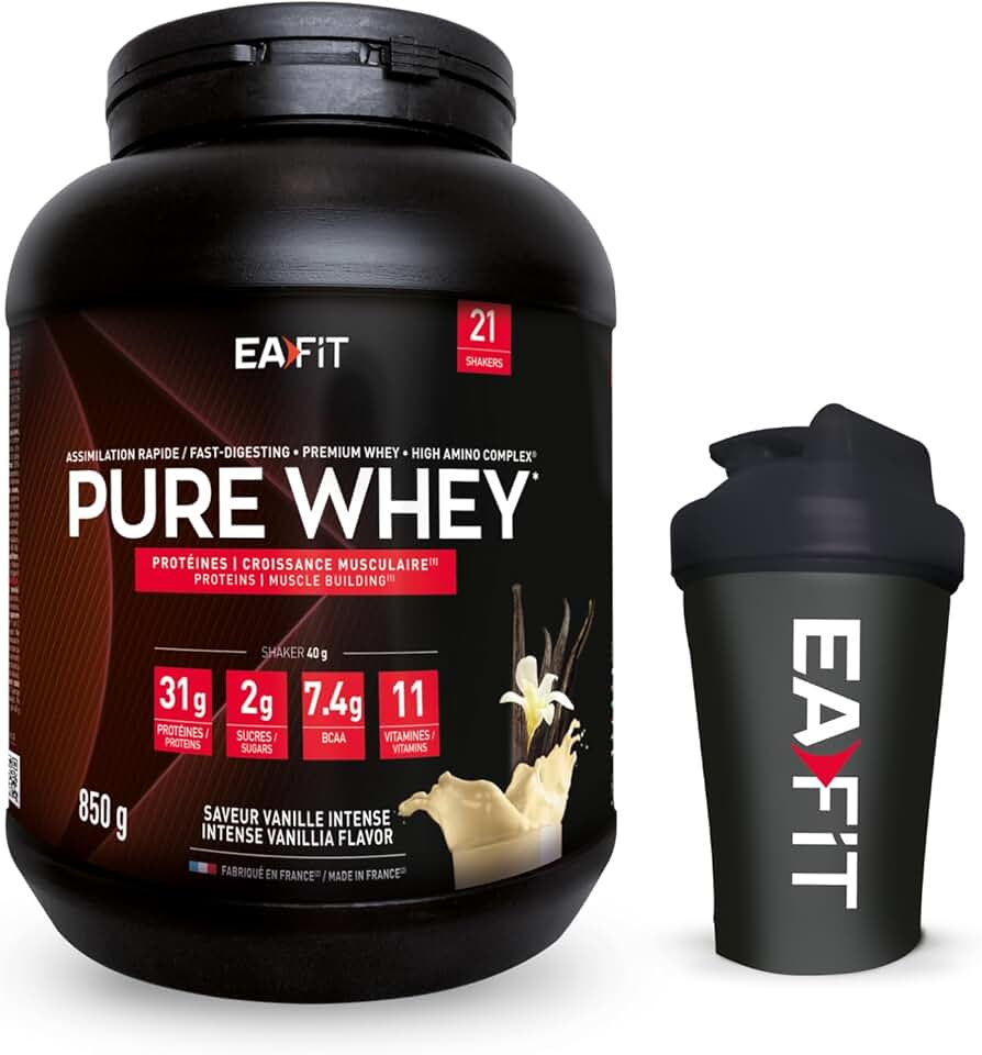 EAFIT - Lot WHEY PROTEIN - Vanille 850g - Protéines Whey + Shaker Noir avec Mélangeur en Acier