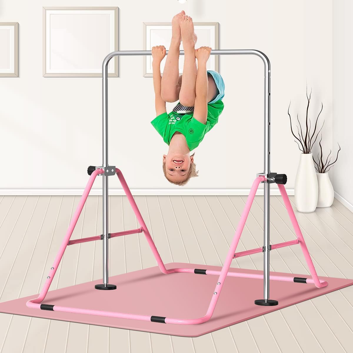 FBSPORT Barra de Gimnasia Artistica para Niñas con Altura Ajustable y Anillos, Plegable Equipo de Gimnasia para Entrenamiento en Casa, Barra de Entrenamiento de Gimnasia Expandible Junior