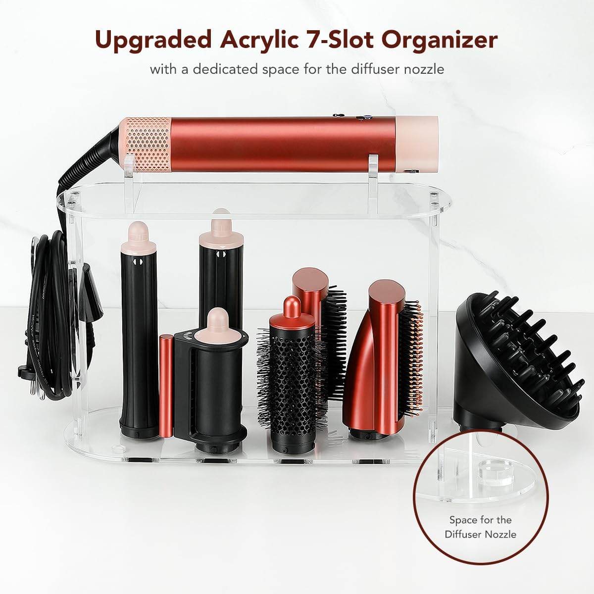 Storage Holder Compatible with Dyson Airwrap Styler Accessories, Upgraded Acrylic 7 Holes Countertop Organizer Stand, Desktop Organizer for Attachments for Bathroom