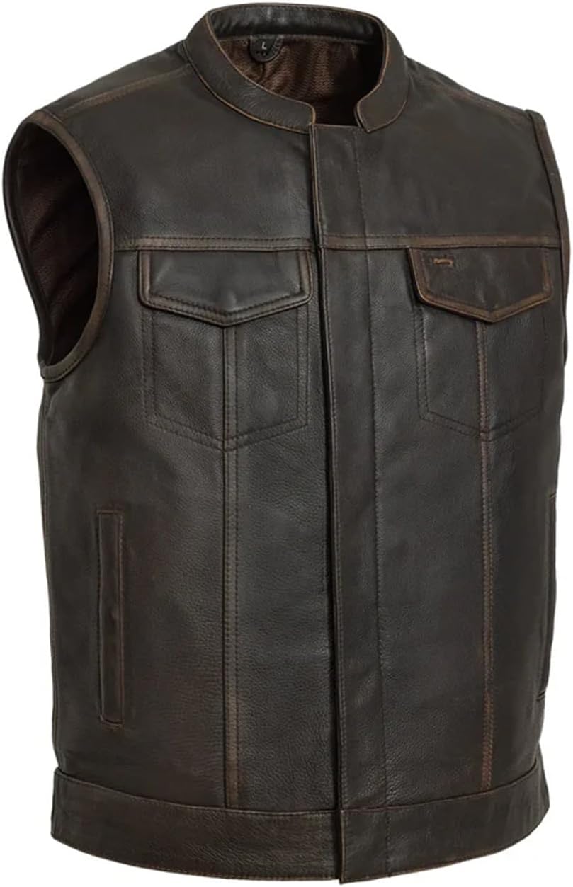 First Mfg Co Sharp Shooter Men's Motorcycle leather Vest - Classic Black Leather, Banded Collar, Covered Snaps