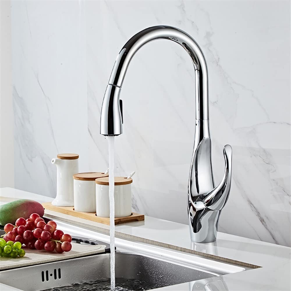 SnamicE Kitchen Tap Mixer Copper Kitchen Sink Faucets, Hot & Cold Soild Brass Mixer Taps, Pull Out Single Handle Deck Mounted Rotating Faucet,Chrome