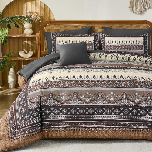 Image of Boho Comforter Set Full Size,8 Pieces Brown Black Striped Bedding Set