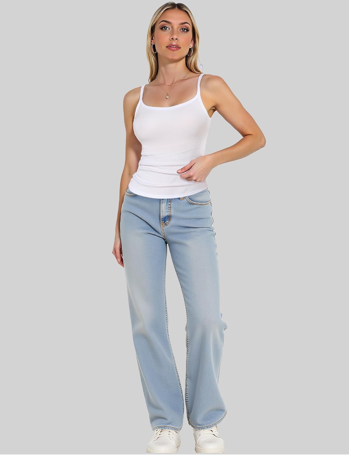 Tank Tops for Women, Scoop Neck Ribbed Basic Tank Tops, Women Slim Knit Basic Summer Tops Going Out Tops Long Sleeveless Shirt Full Length (XS, White) - Image 7