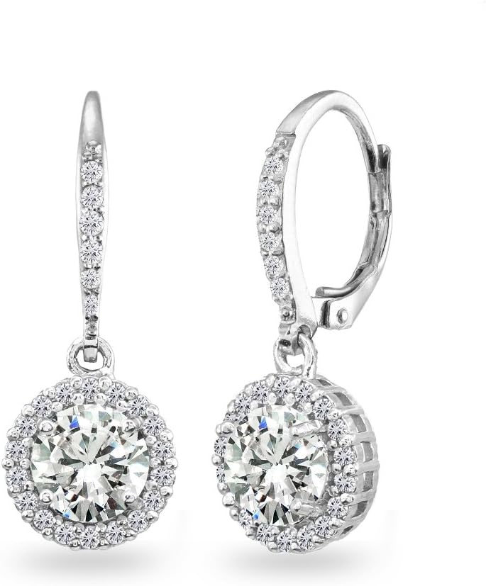 Sterling Silver Genuine or Synthetic Gemstone Round Dangle Halo Leverback Earrings