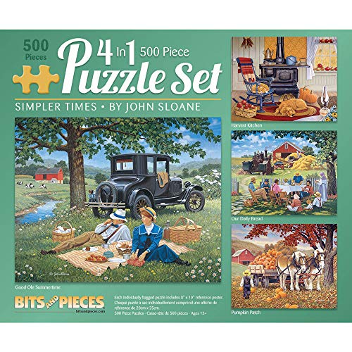 Bits and Pieces - 500 Piece Jigsaw Puzzle for Adults - Simpler Times 4-in-1 Multi-Pack Set by Artist John Sloane