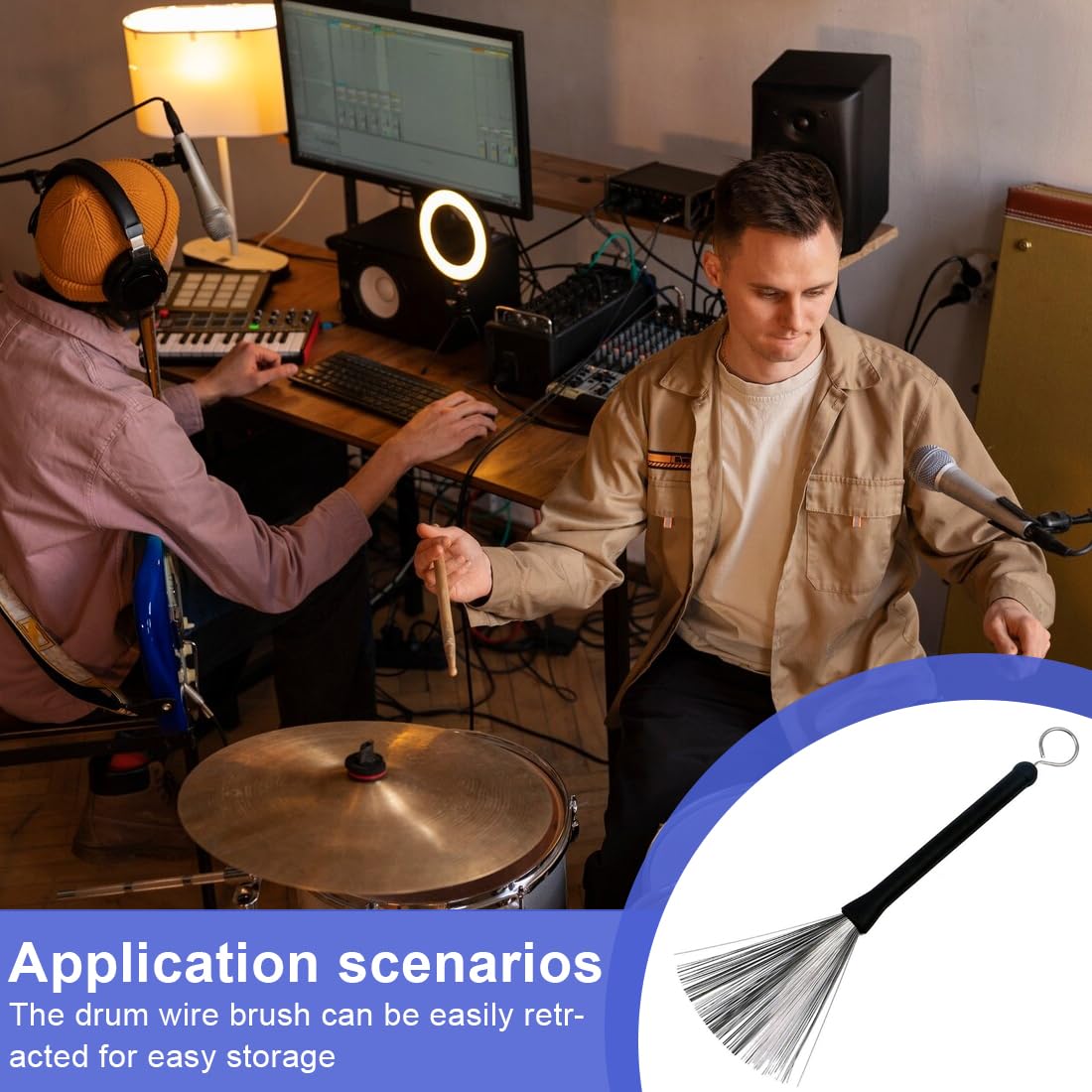 1 unidad Cepillo de Tambor Retractil, Cepillo de Tambor Retractil de Alambre con Asas de Goma Cómodas para Percusión