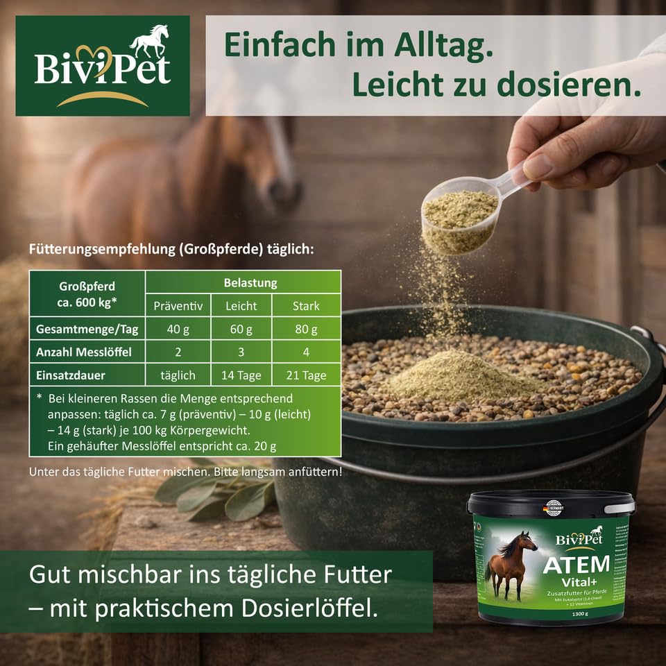 Atem Vital+ für Pferde – bei Husten & Belastung – 1,3 kg – mit natürlichem Eukalyptol & 12 Vitaminen – Atemwege & Bronchien Unterstützung – inkl. Dosierlöffel & Eimer mit Henkel