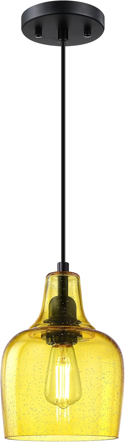 3 Pack 1 Light Hanging Indoor Kitchen Island Pendant Light 6.1" Orange Seeded Glass Pendant Ceiling Light Fixtures Black Finish Modern Farmhouse Dinning Over Sink