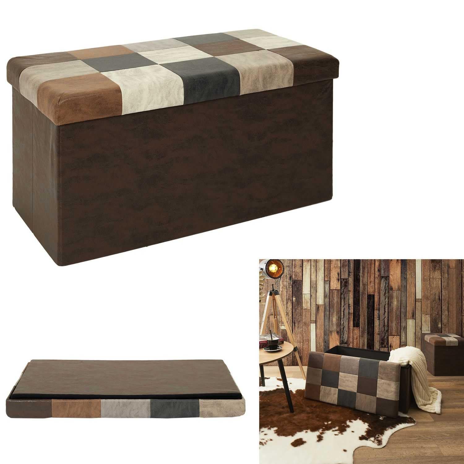HOME DECO FACTORY - HD7666 Baúl Banco Plegable Patchwork PU M2 - Mobiliario Bistró Industrial - Asiento Cómodo y Almacenamiento - 76 x 38 x 38 cm - Altura del Asiento 38 cm - Color Marrón