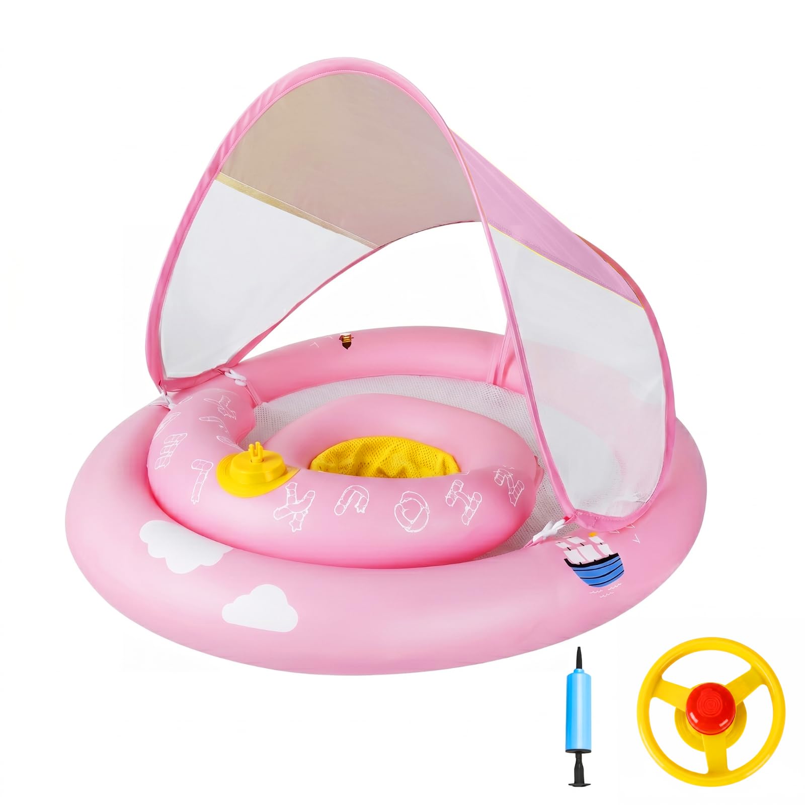 MYCARBON Flotador Bebe para 6 a 30 Meses con Asiento Ajustable Flotador Bebe con Sombrilla UPF50+ con Dos Airbags Bomba de Aire para Niños de 7 a 14 kg