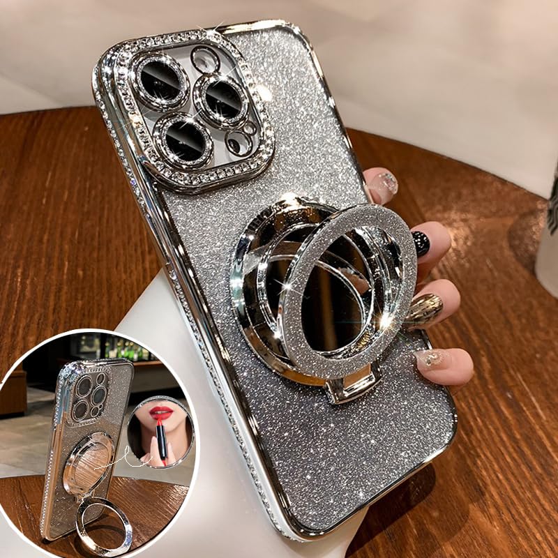 ZXDK Mirror Kickstand Glitter Diamond Case for iPhone 15 14 13 12 Pro Max,Magnetic Stand Holder,Camera Lens Protector Compatible with Magsafe,